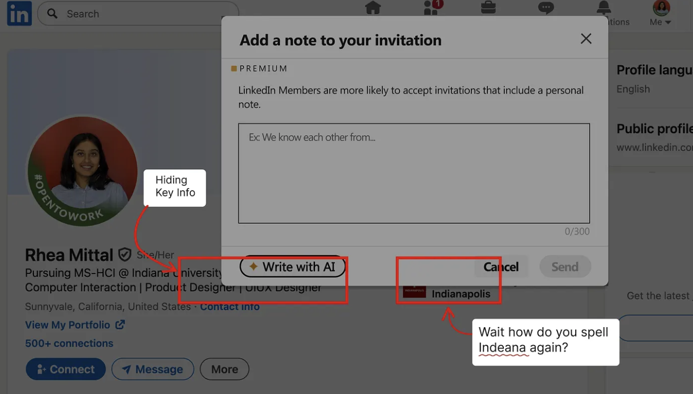 The LinkedIn Add Note modal covering the profile